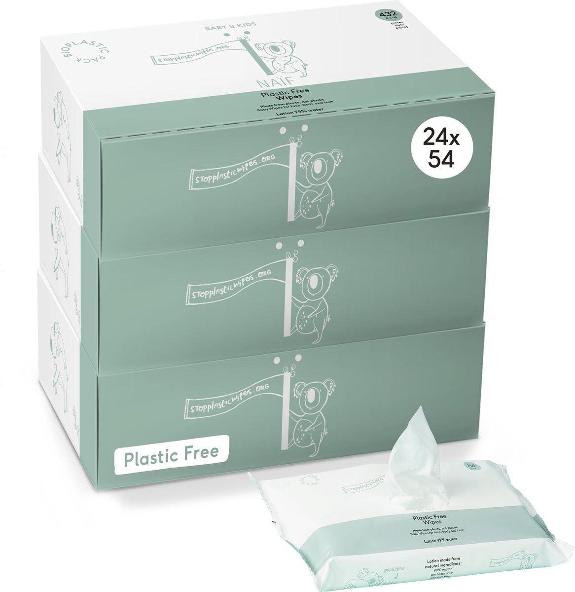 Naïf natuurlijke plastic vrije Billendoekjes - voordeelverpakking 24 stuks - 24 x 54 doekjes
