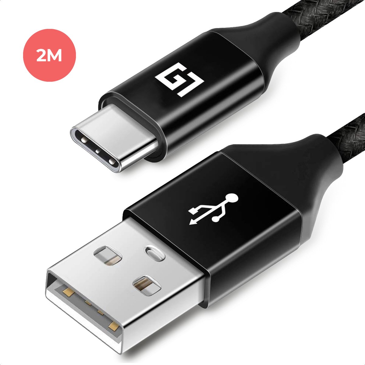 LifeGoods USB-C Data- en Laadkabel - 2.4A Snellader Kabel - 2 Meter - Fast en Quick Charge Oplaadkabel - Type C Naar USB-A - Oplaadsnoer Telefoon - Laptop - Gevlochten Nylon - Zwart