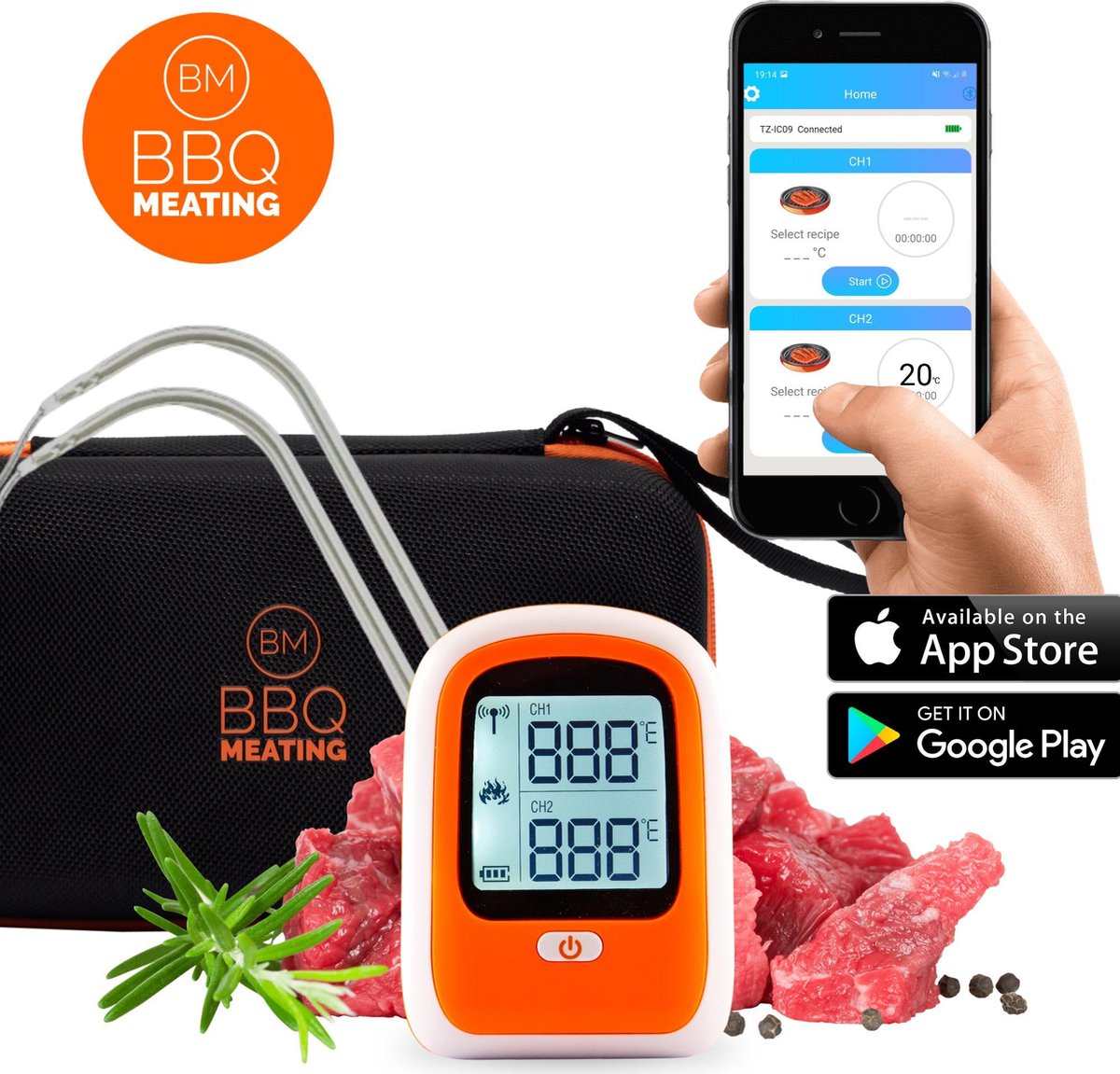 Bbq Meating Bbq Thermometer Digitaal met App en 2 Sondes - Beschermhoes - Magneet - Vleesthermometer