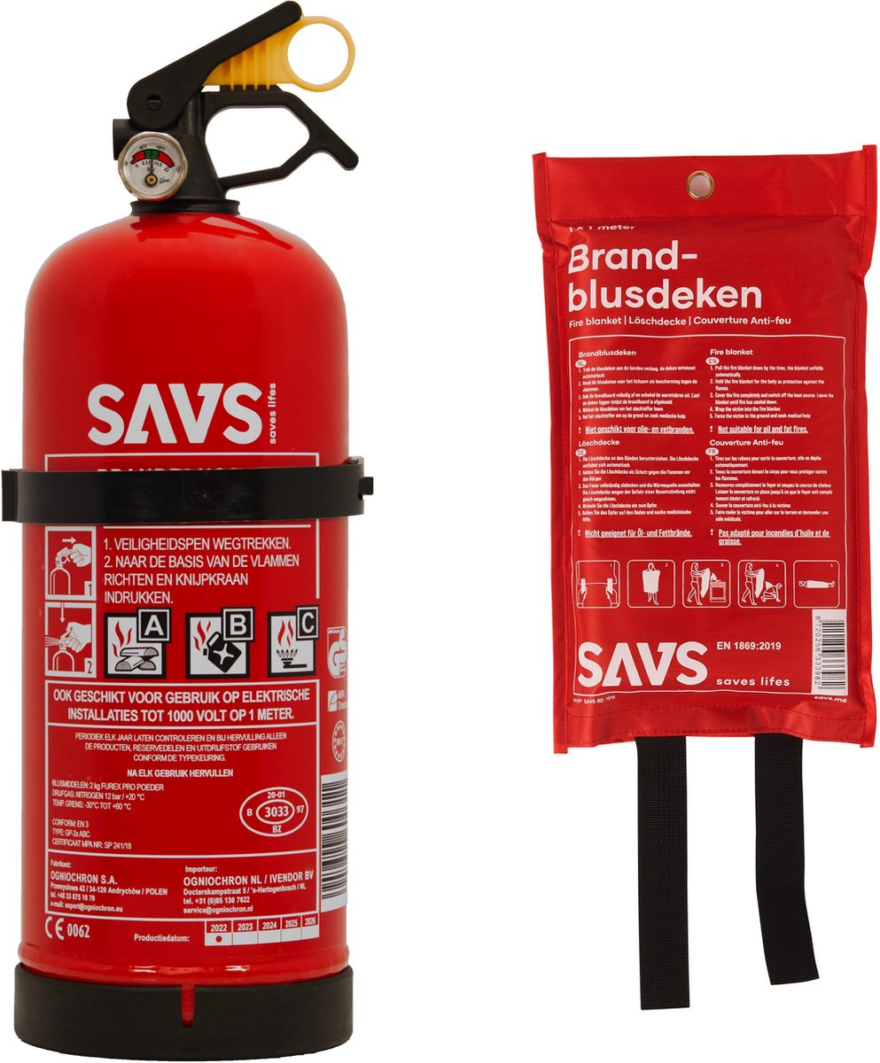 SAVS® Brandblus box - Poeder middel - Brandblusser poeder 2 kg & Blusdeken
