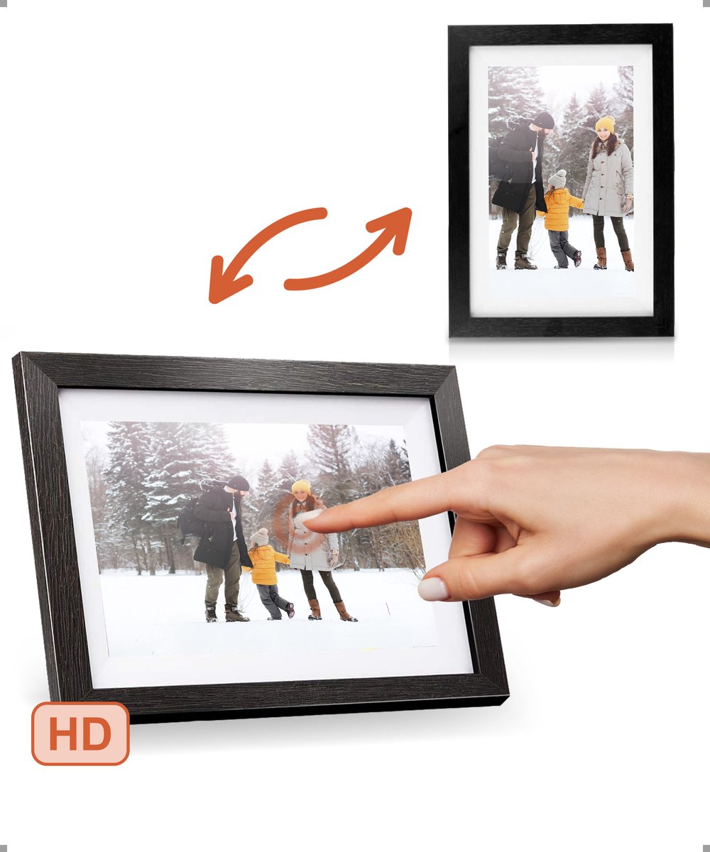 Digitale fotolijst met WiFi en Frameo App – 10 inch - Pora – HD+ -IPS Display – Zwart/Hout - Micro SD – Touchscreen
