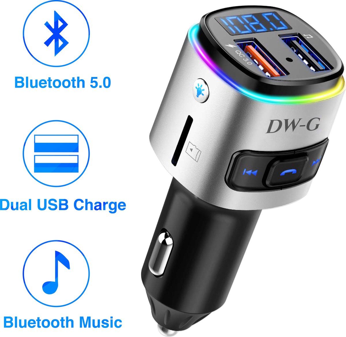 DW-G Bluetooth FM Transmitter - Auto Lader - Carkit - Handsfree - MP3 - USB - SD Kaart - Snel Lader - Audio Receiver
